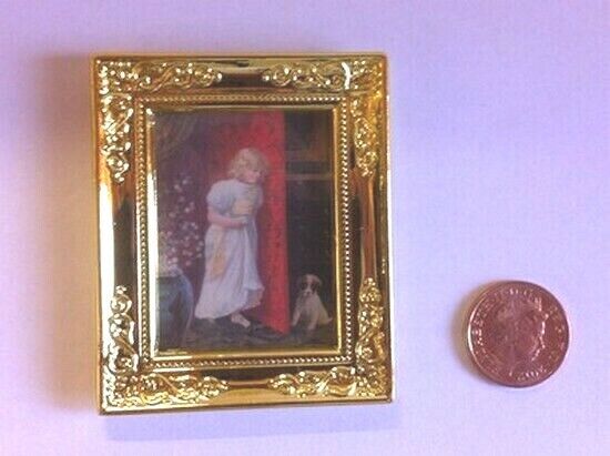 Golden Framed Picture Of A Child & Her Pet, Dolls House Decor Miniature Picture