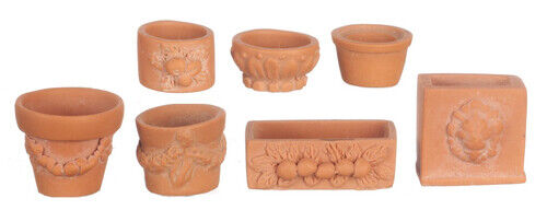 Seven Assorted Garden Pots, Doll House Miniatures Outdoor Accessory 1.12 Scale