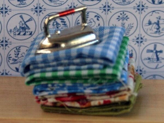 Pile of Linen & Iron, Dolls House Miniature, Ironing Pile 1/12 Scale, laundry