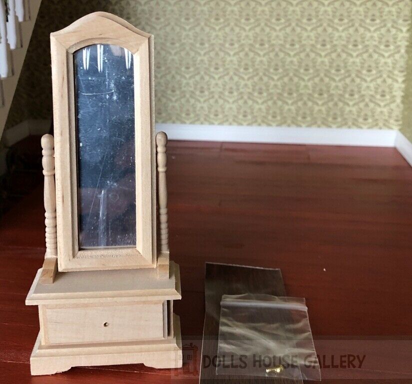 Bare Wood Cheval Mirror With Drawer, Dolls House Miniature Home Decor
