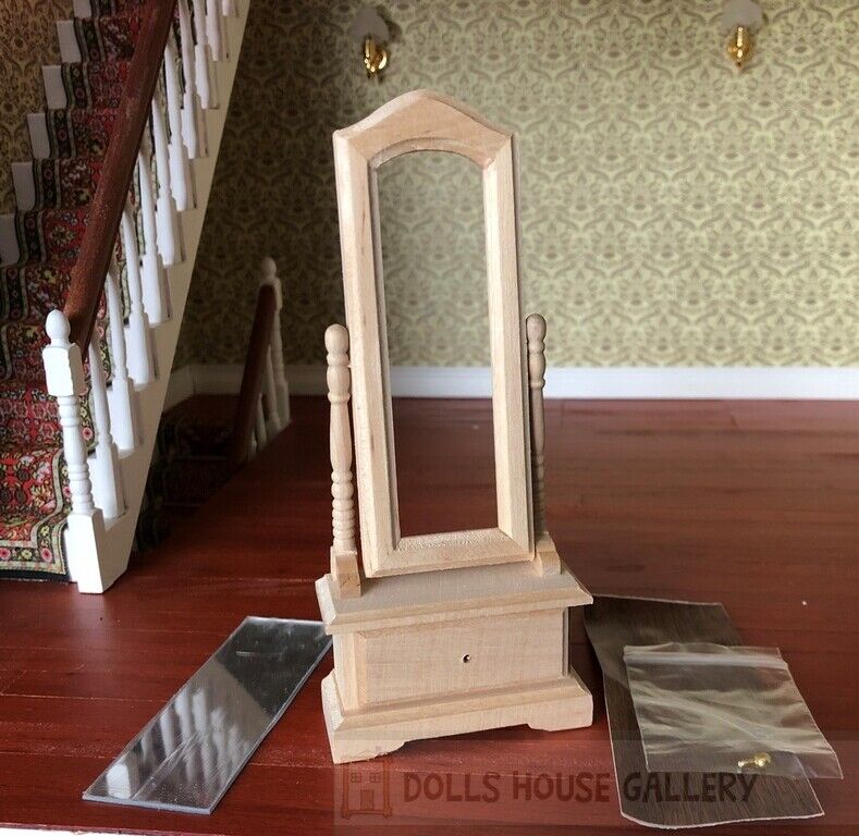 Bare Wood Cheval Mirror With Drawer, Dolls House Miniature Home Decor