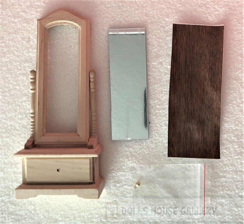 Bare Wood Cheval Mirror With Drawer, Dolls House Miniature Home Decor