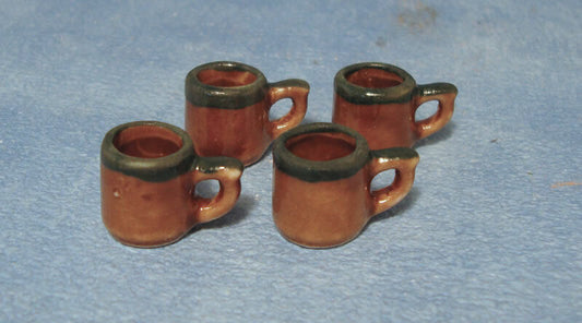 4 Brown & Green Stone Mugs, Doll House Miniature Cups, 1.12 Scale Kitchen
