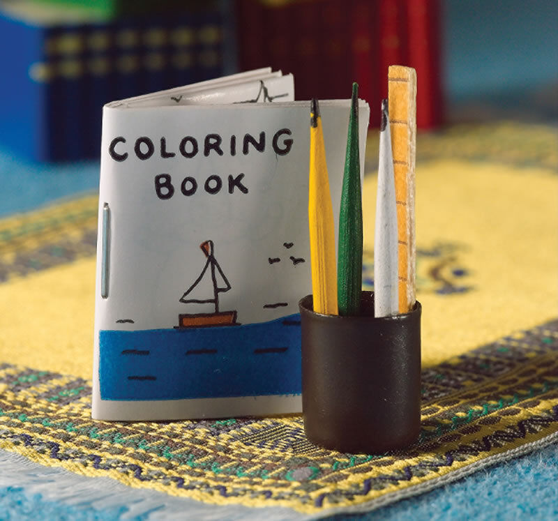Colouring Book & Pencil Set, Dolls House Miniature, Miniatures, 1:12 Scale