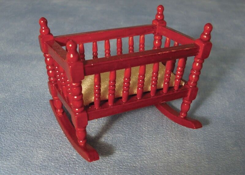Rocking Cradle With Spindle Bars, Dolls House Miniature, Nursery Furniture, Baby