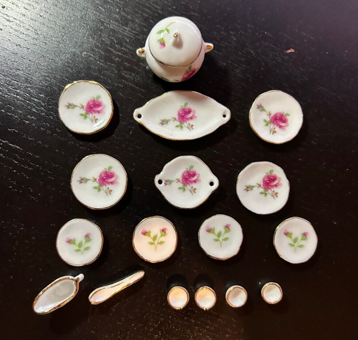 Pink Rose Dinner Set Dolls House Miniature 1:12 Scale Pot, Dining, Porcelain Tea