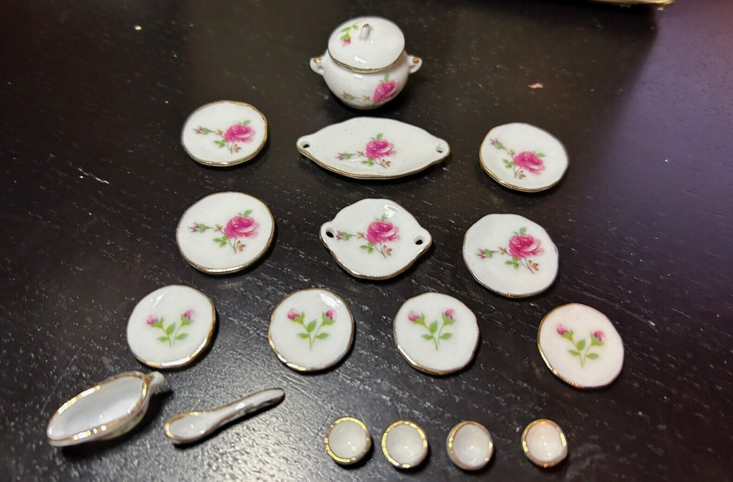 Pink Rose Dinner Set Dolls House Miniature 1:12 Scale Pot, Dining, Porcelain Tea