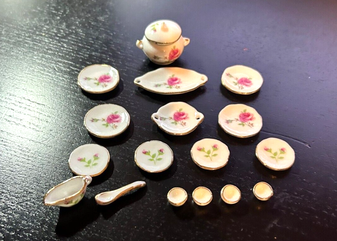 Pink Rose Dinner Set Dolls House Miniature 1:12 Scale Pot, Dining, Porcelain Tea