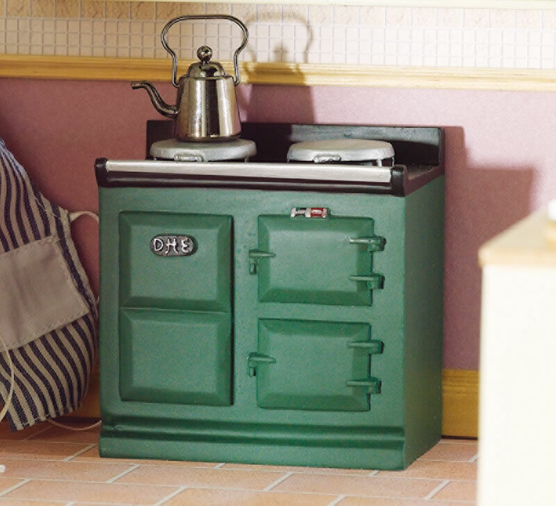 Green Aga Style Stove, Doll House Miniature, 1.12th Scale, Kitchen Cooker