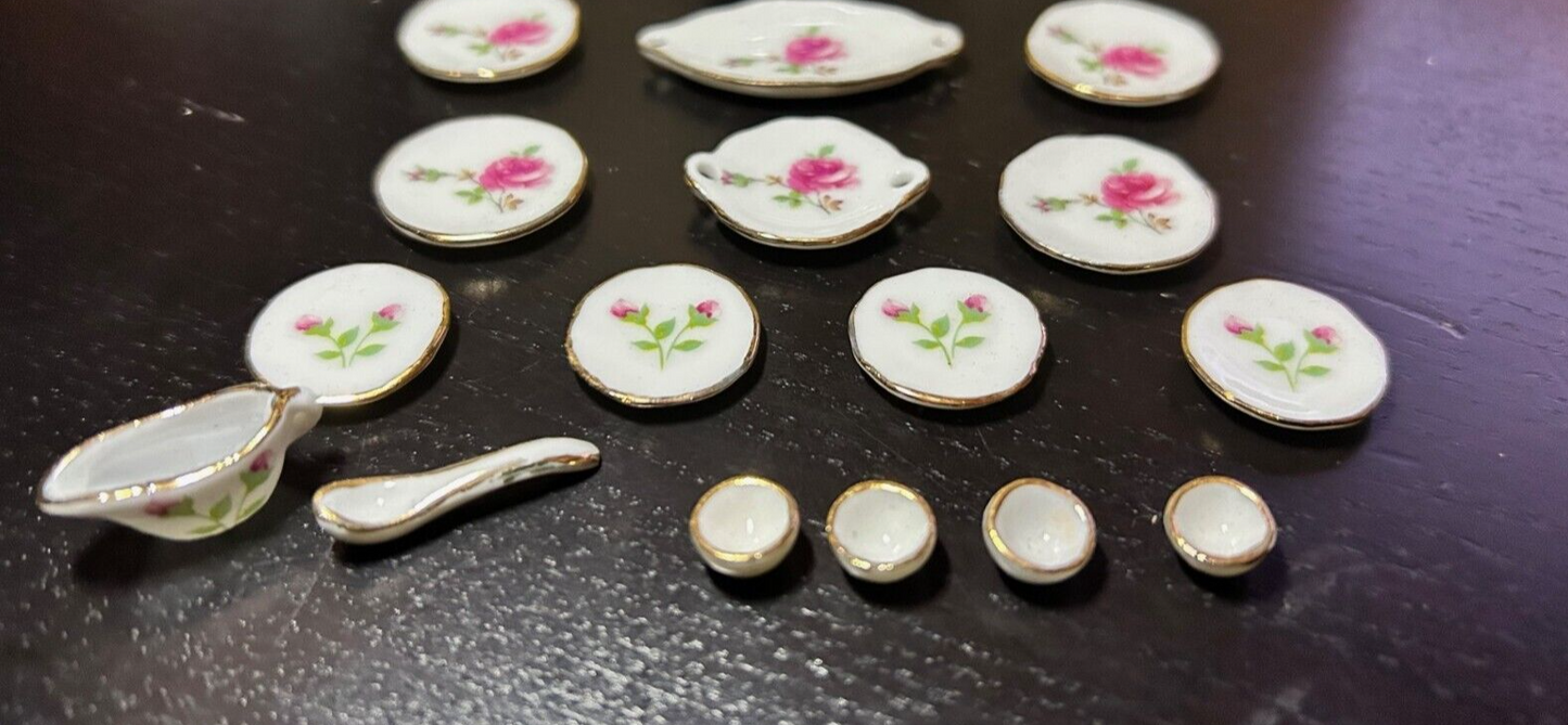 Pink Rose Dinner Set Dolls House Miniature 1:12 Scale Pot, Dining, Porcelain Tea