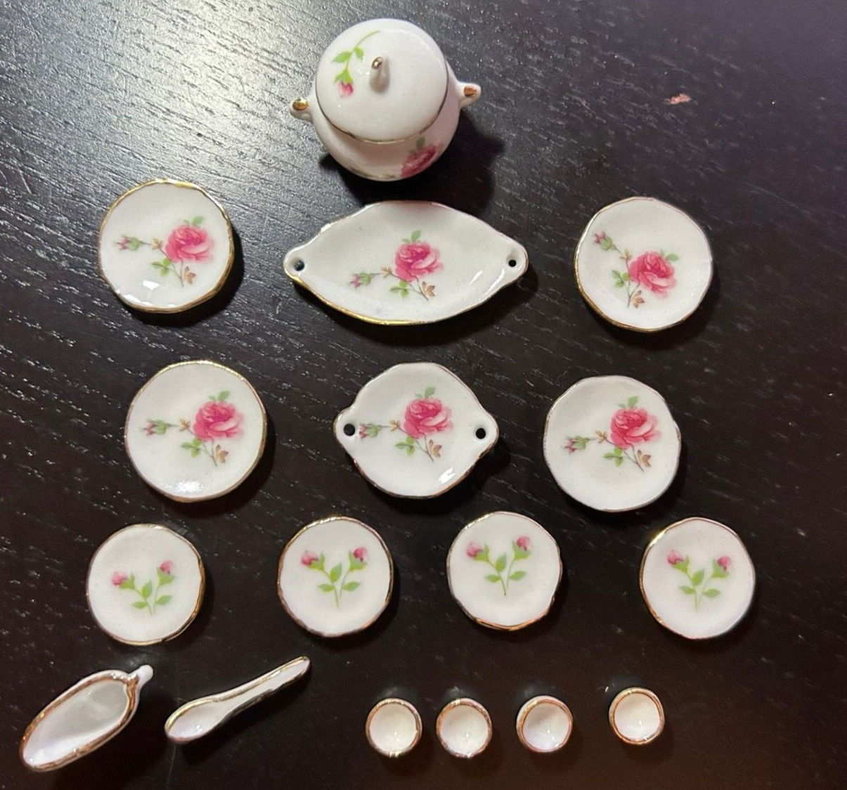 Pink Rose Dinner Set Dolls House Miniature 1:12 Scale Pot, Dining, Porcelain Tea