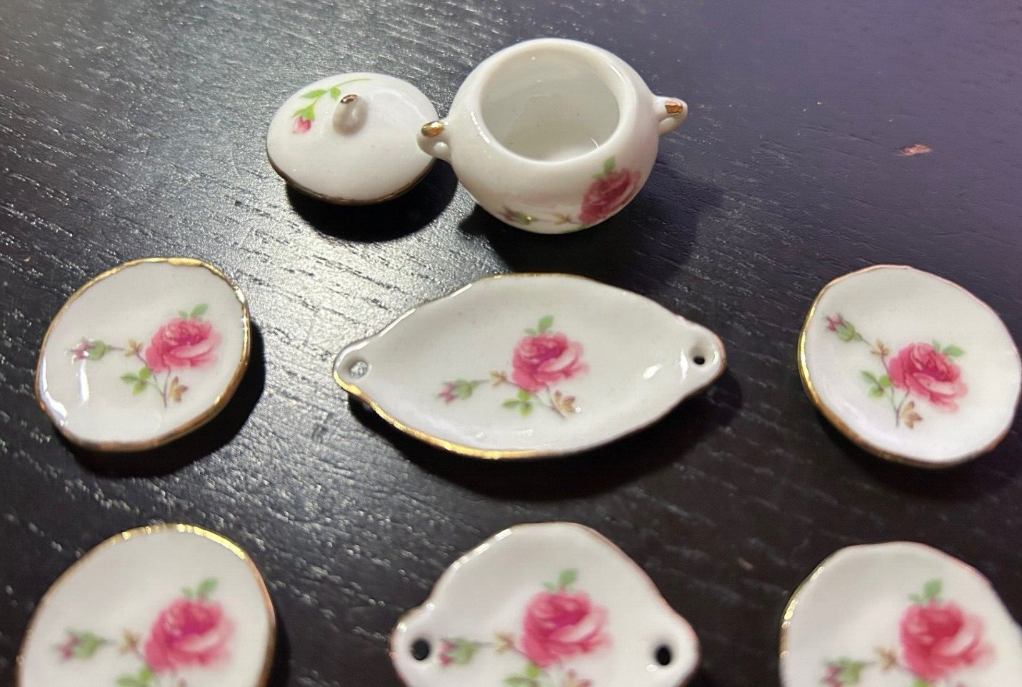 Pink Rose Dinner Set Dolls House Miniature 1:12 Scale Pot, Dining, Porcelain Tea