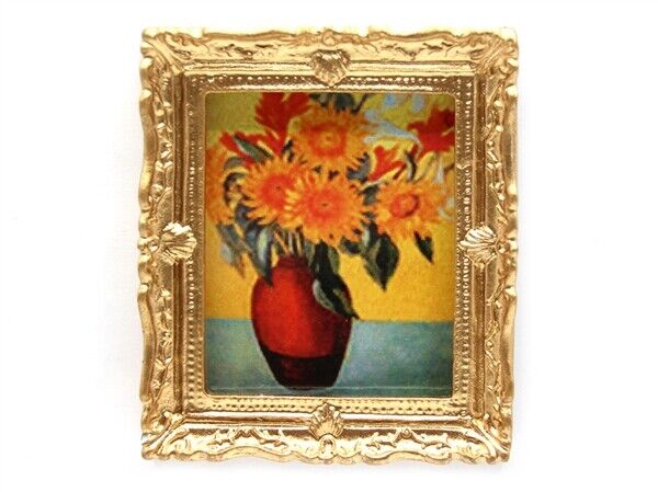 Ornate Golden Framed Picture Of Sunflowers, Dolls House Miniature Wall Decor