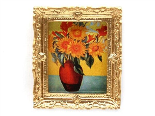 Ornate Golden Framed Picture Of Sunflowers, Dolls House Miniature Wall Decor
