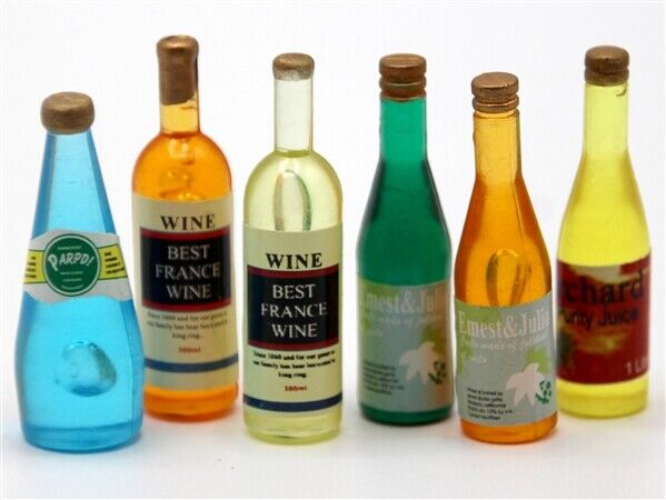 Six Coloured Bottles (Set 1), Dolls House Miniatures Kitchen Pub Accessory
