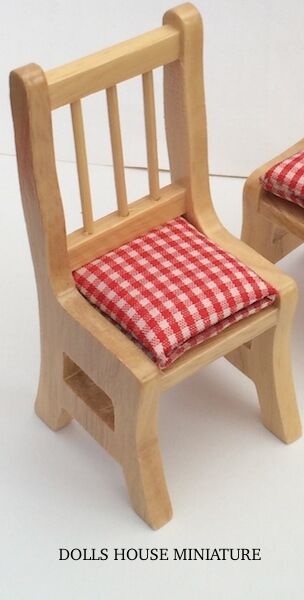Pine Chair Red & White Checked Cushion, Doll House Miniatures, 1/12 Scale Seat