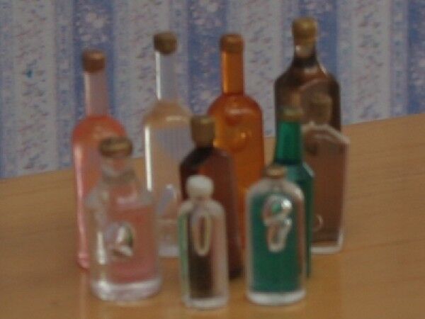 Ten Small Mixed Bottles Doll House Miniatures, Kitchen Dining Pub Accessory