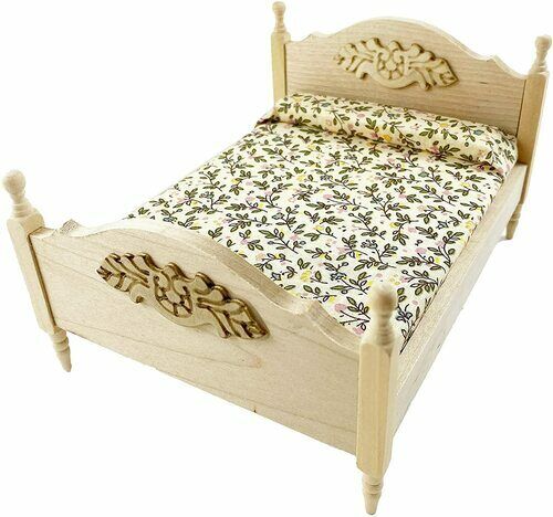 Bare Wood Double Bed, Dolls House Miniatures, 1.12 Scale, Bedroom