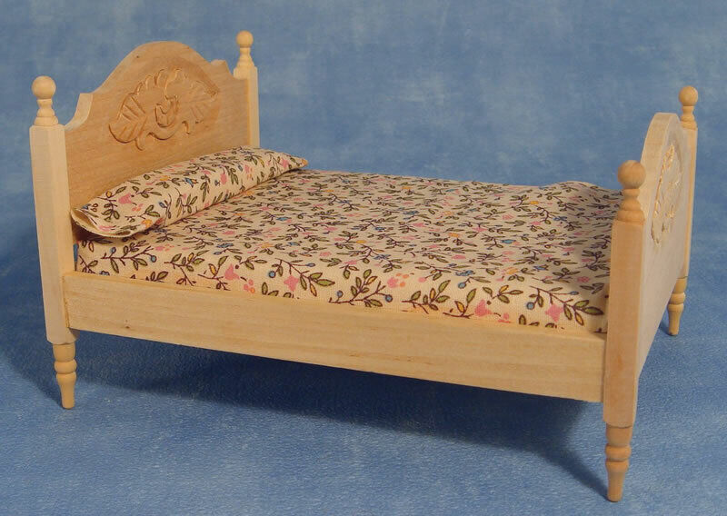 Bare Wood Double Bed, Dolls House Miniatures, 1.12 Scale, Bedroom