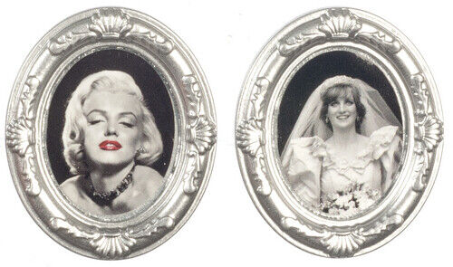 2 Silver Oval Framed Pictures, Dolls House Miniature Wal Decor, Princess Diana