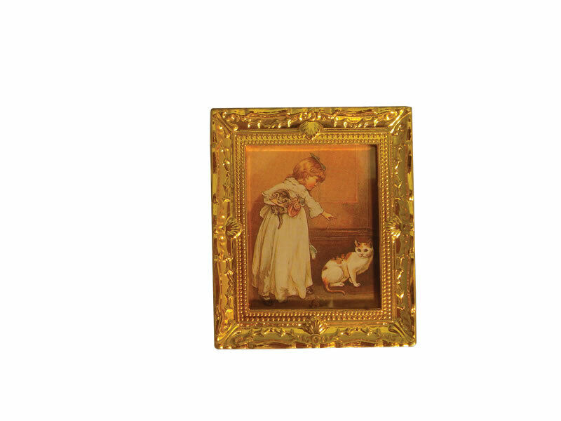 Picture of Girl & Cat, Dolls House Miniature Home Decor, Wall Decor