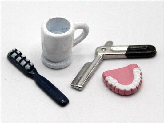 False Teeth & Razor Set, Dolls House Bathroom Accessory, Miniature