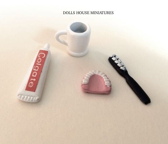 Dentures (False Teeth), Toothpaste, Mug & Toothbrush, Doll House Miniature Bath