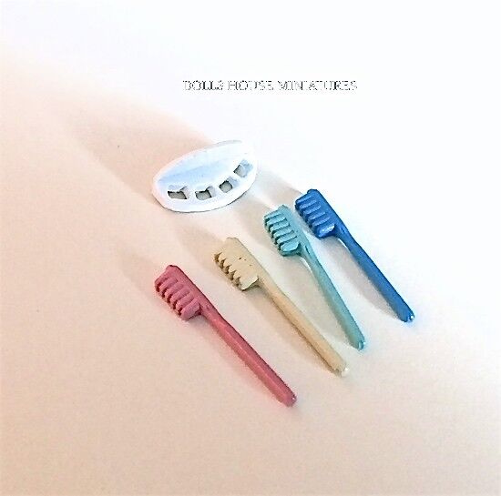 Four Coloured Toothbrushes & Holder Doll House Miniature, Bathroom, 1.12th Scale