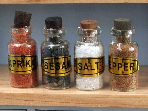 Four Filled Glass Spice Jars, Dolls House Miniature, Kitchen Accessory