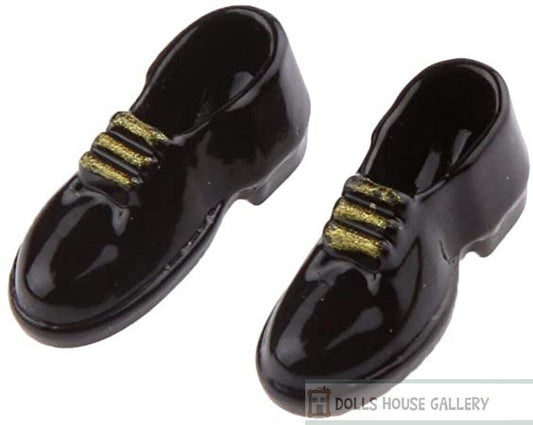 Mens Black Shoes With Gold Laces, Dolls House Miniature Clothing Accessory 1/12