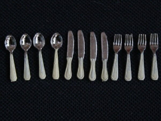 Cutlery Set Ivory Coloured Handles, Dolls House Kitchen Dining Accessory, Mini