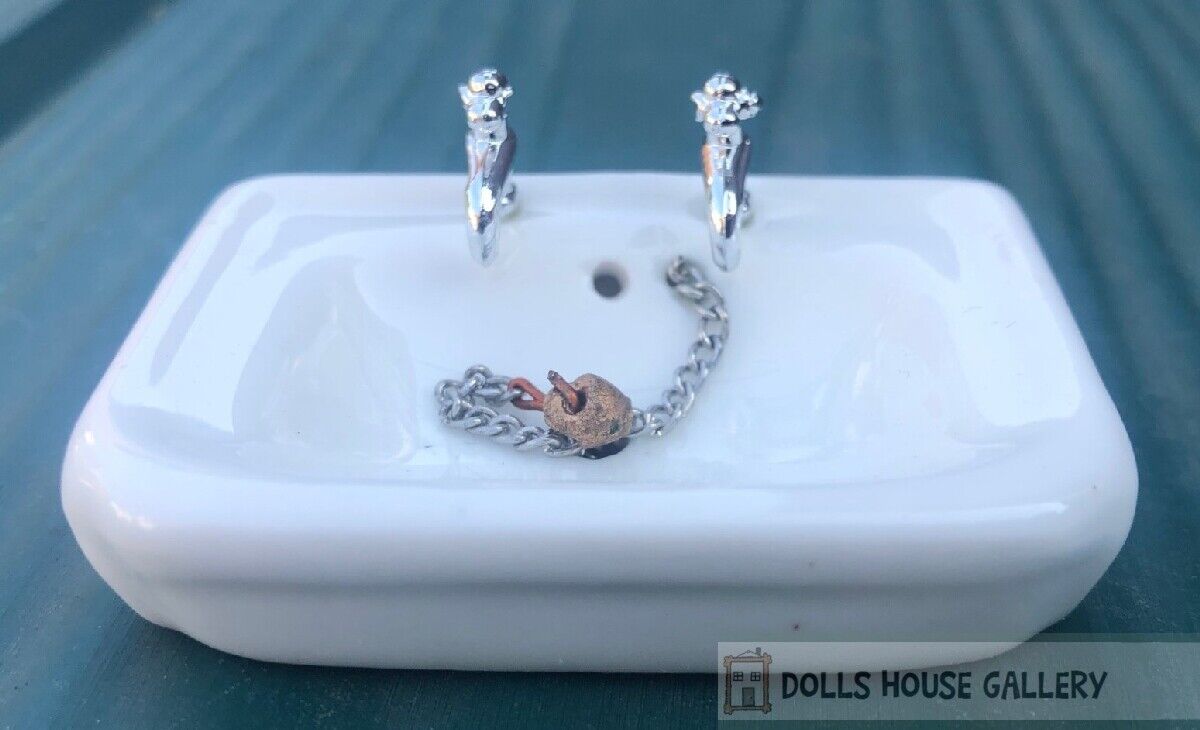 Ceramic Sink with Taps & Plug, Dolls House Miniature, Bathroom Kitchen