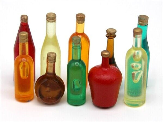 Ten Assorted Bottles, Dolls House Miniatures Kitchen Pub Accessory