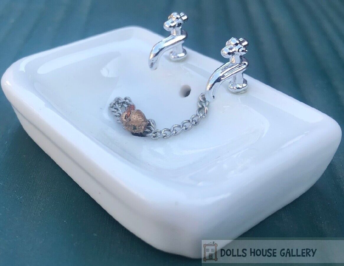 Ceramic Sink with Taps & Plug, Dolls House Miniature, Bathroom Kitchen