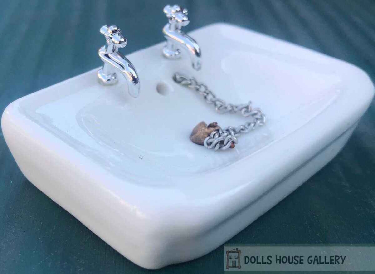 Ceramic Sink with Taps & Plug, Dolls House Miniature, Bathroom Kitchen