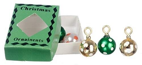 Dolls House Miniature Christmas Baubles, Spotted Tree Baubles In Box, Xmas