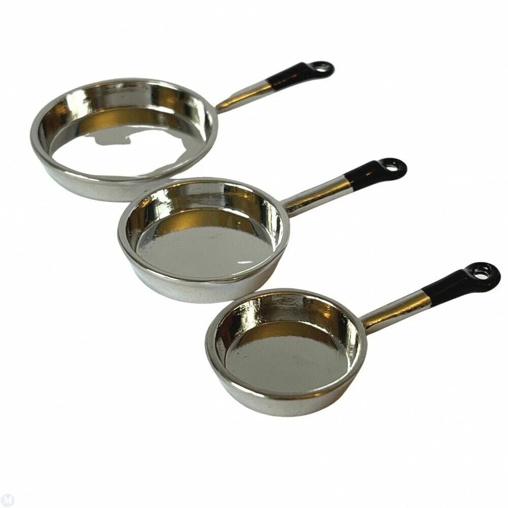 Three Chrome Frying Pans, Dolls House Miniature, Kitchen Accessory 1/12 Scale