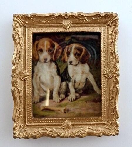 Ornate Gold Framed Picture Of Spaniel Dogs, Dolls House Miniature Wall Decor