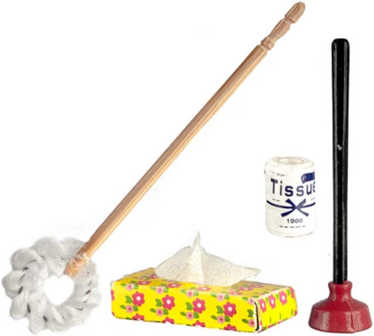 Dolls House Traditional Toilet Brush Tissue Plunger, Cleaning Accessory 1/12