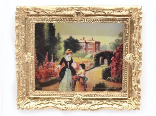 Ornate Gold Framed Picture Of A Tudor Mansion, Dolls House Miniature Wall Decor