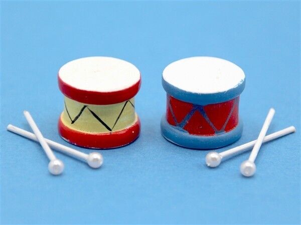 Set Of 2 Drums, Dolls House Miniature, 1/12 Scale, Drum Sticks, Music Accessory