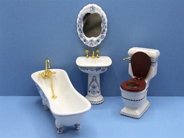 Blue & White 4 Piece Bathroom Suite, Dolls House 1.12 Scale Bath, Sink, Toilet