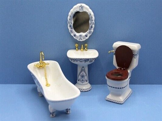 Blue & White 4 Piece Bathroom Suite, Dolls House 1.12 Scale Bath, Sink, Toilet