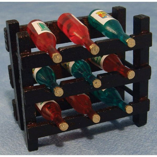 Wooden Wine Rack With 9 Bottles Of Wine, Doll House Miniature. Pub, Shop