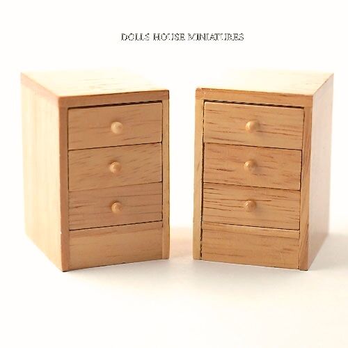 Pair of Pine Modern Bedside Cabinets, Dolls House Miniature Bedroom Furniture