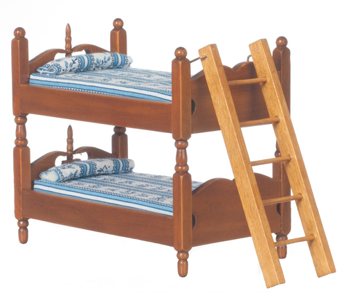 Bunk Beds In Walnut & Ladder, Pattern on the Mattress Dolls House Miniature