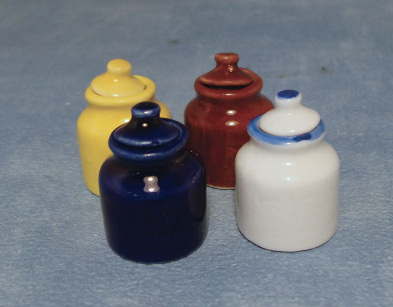Four Assorted Coloured Storage Jars with Lids ,Dolls House Miniatures 1.12 Scale