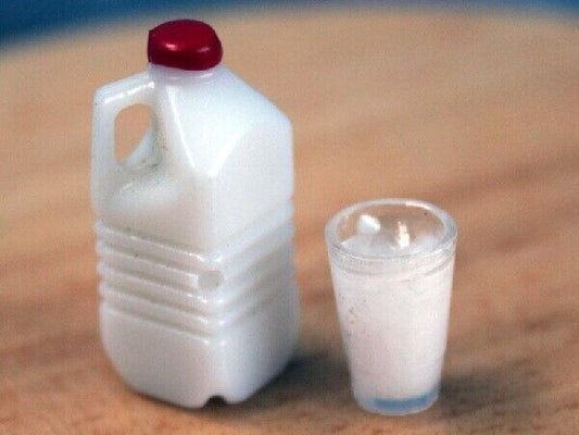Litre Of Milk & Empty Glass, Dolls House Miniatures Kitchen Accessory