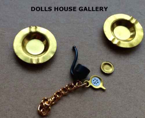 Two Ashtrays, One Pipe & Stopwatch, Doll House Miniature, 1.12th Scale Accessory