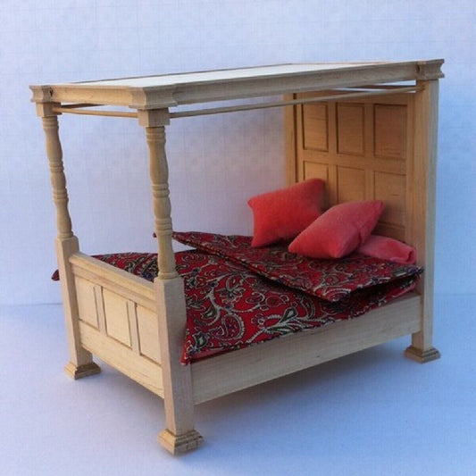 Double Four Poster Tudor Bed with Paisley Bedding in Barewood, Dolls House Mini
